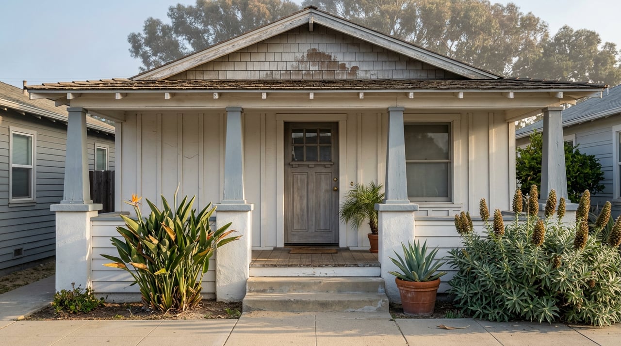 Weathered beach bungalow with a blue-gray porch, concrete steps, and lush coastal plants.