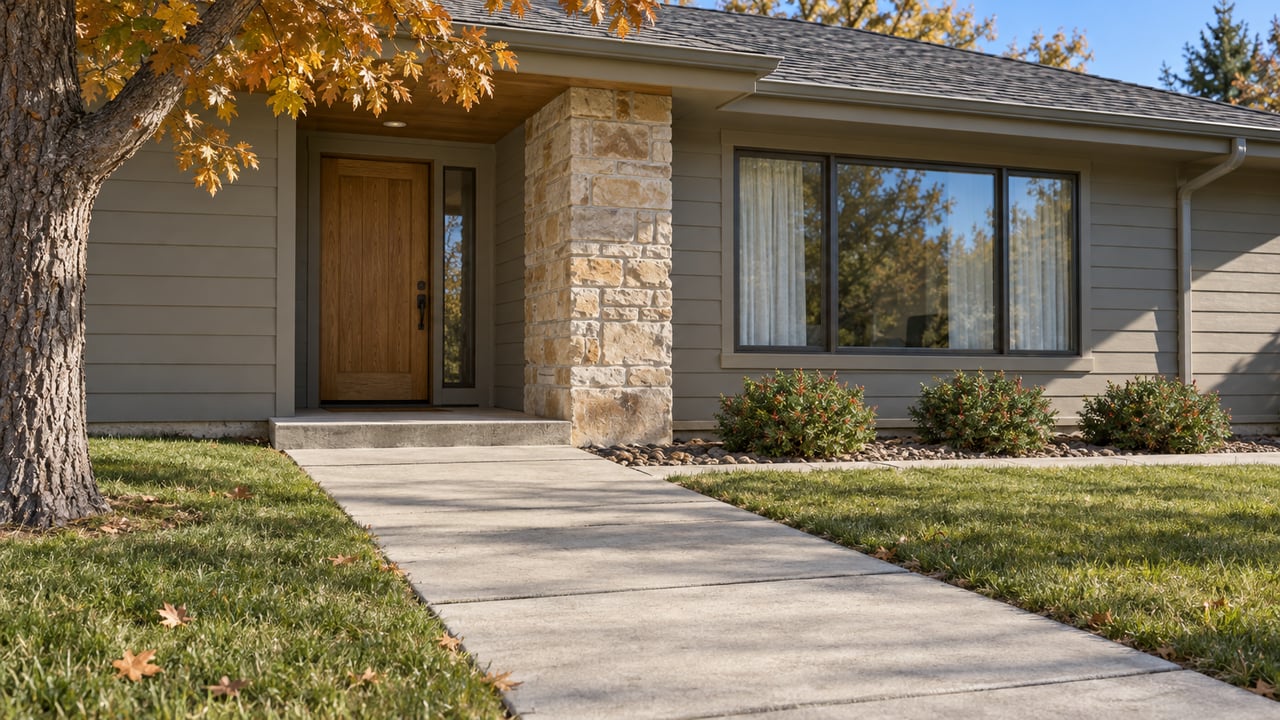 Oblique view of a ranch home's recessed oak entry, sandstone pier and broad window beside an autumn lawn.