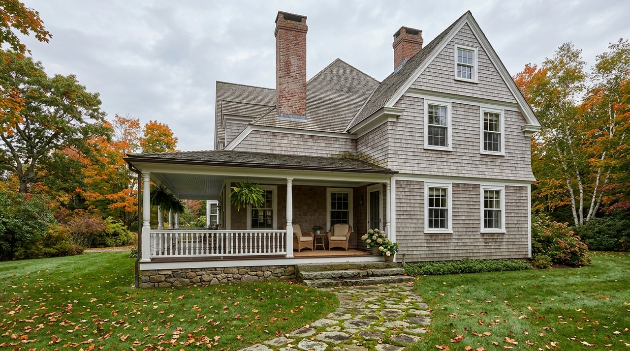 Shingle-style residence with a wraparound veranda, white spindle railing, brick chimneys, and a moss-jointed fieldstone path.