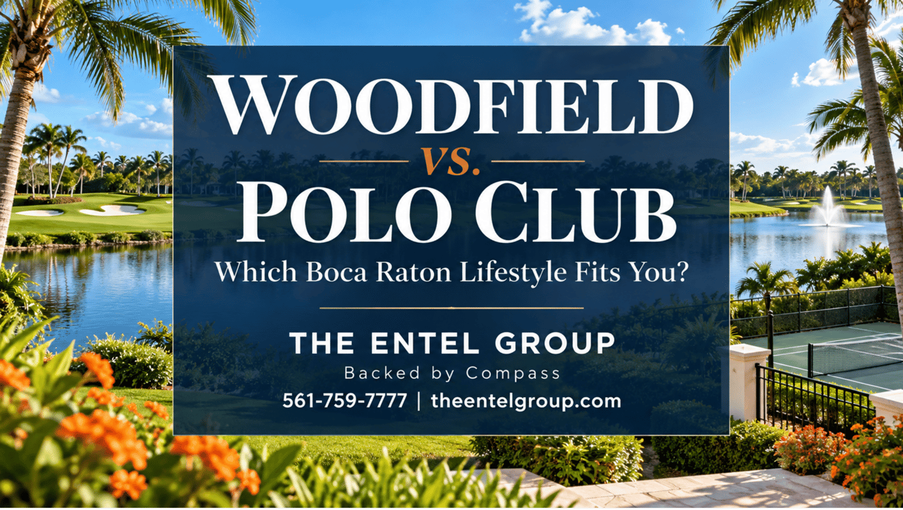Illustrated country club landscape with golf, lake, palms, and tennis courts beneath “Woodfield vs. Polo Club” and The Entel Group branding.