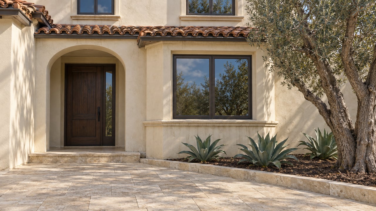 Cream stucco home with a clay tile roof, recessed arched oak entry, limestone approach and a mature olive tree.