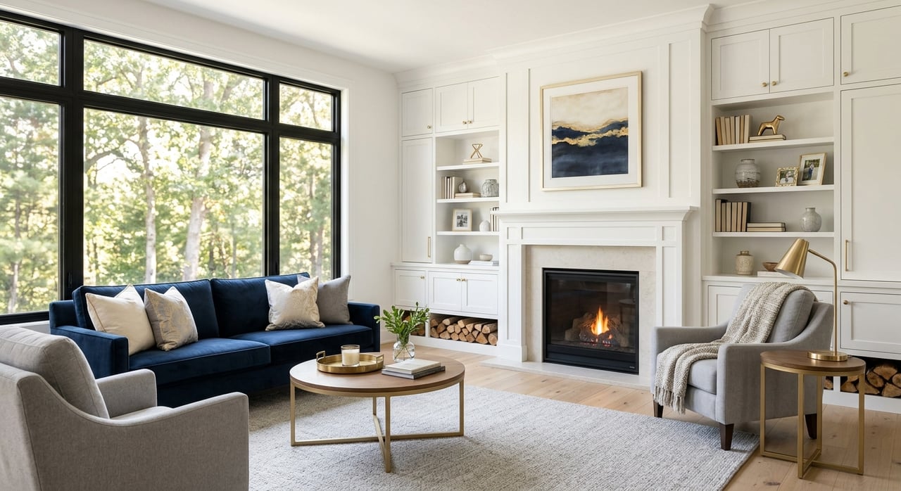 White-brick fireplace with oak mantel, flanked by white built-in shelves between an oatmeal sofa and navy chair.