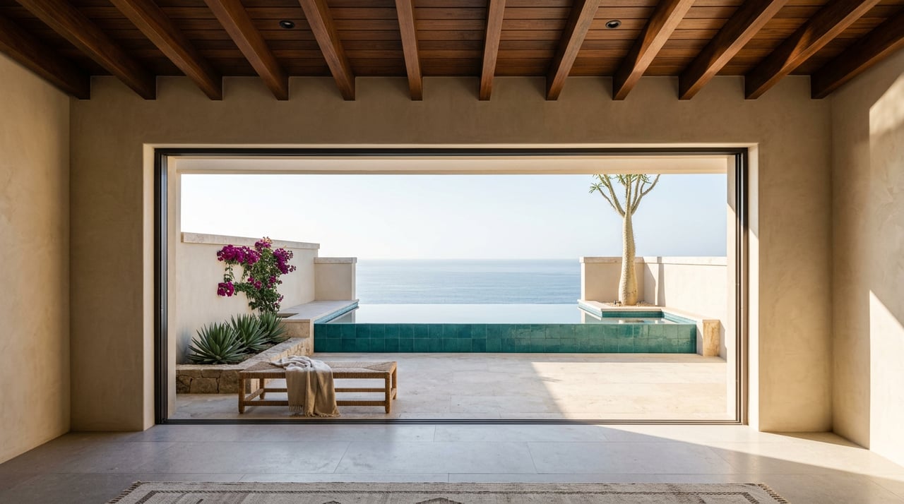 Great room opening onto a turquoise infinity pool and sea, with agaves and magenta bougainvillea by the terrace.