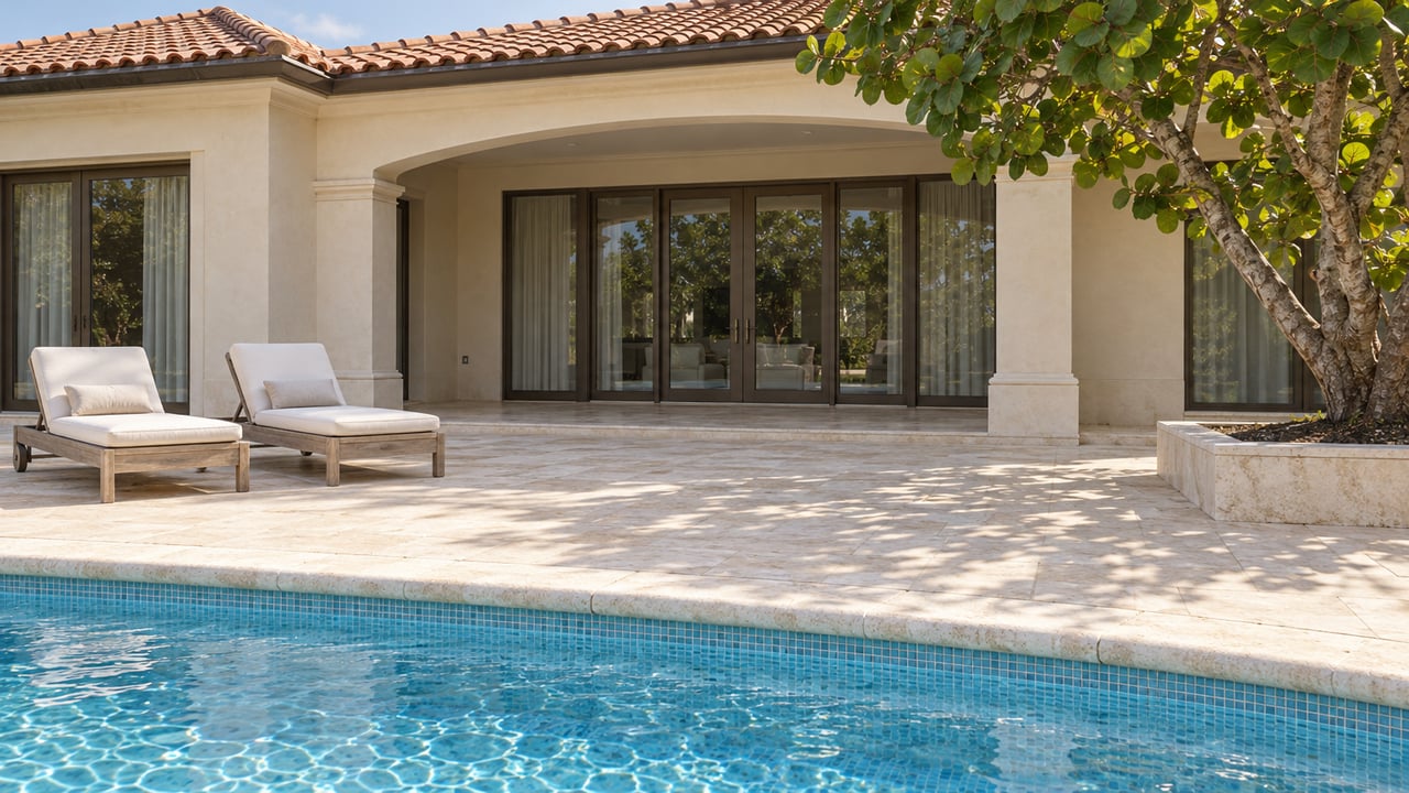 Cream stucco home with a terracotta roof, glazed arched lanai, limestone pool terrace, teak loungers, and a mature sea grape tree in morning light.