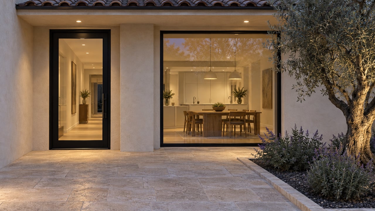 Modern home entrance with black-framed glass doors, warm interior lighting, and an olive tree.