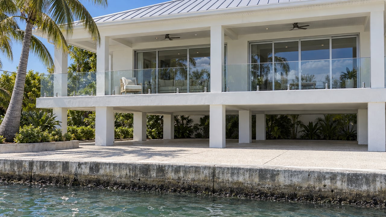 Elevated white waterfront home with a glass-railed veranda, coconut palm and salt-weathered seawall above green-blue water.