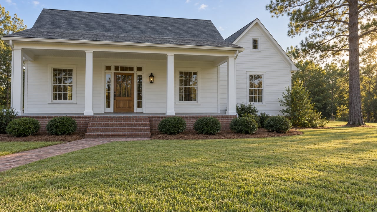 White traditional home with a deep covered porch, brick approach and broad lawn beside a mature longleaf pine.