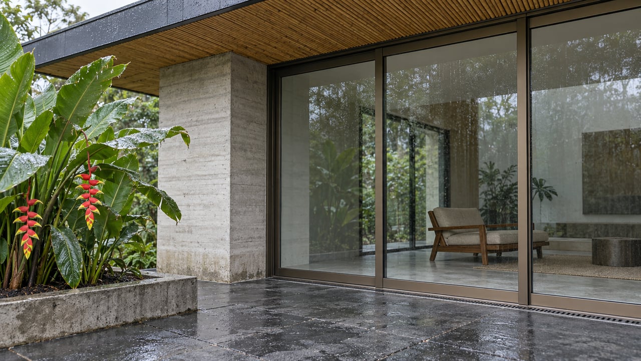 Rain-darkened stone terrace beneath a bamboo soffit, with bronze-framed glass doors and flowering heliconia beside a concrete planter.
