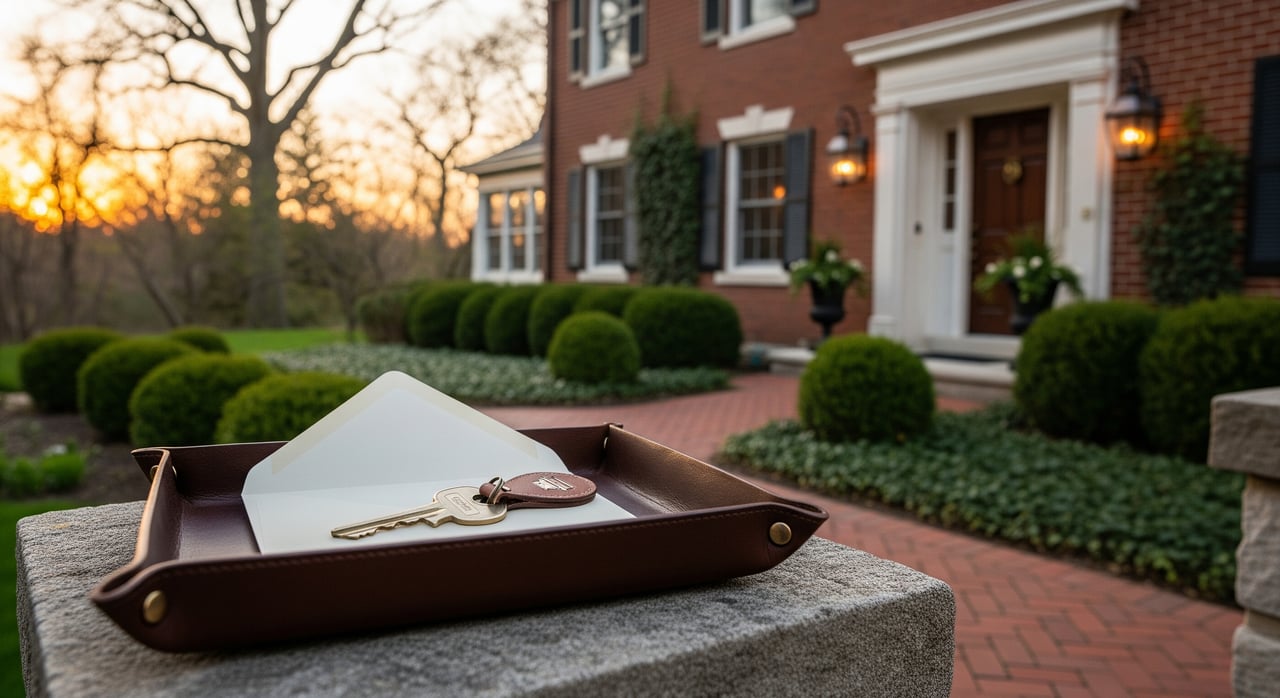 Brass key on a white envelope in a leather tray atop a stone post outside a brick house.