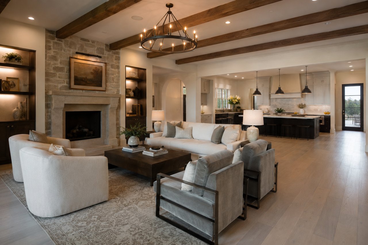 Modern living room with open kitchen