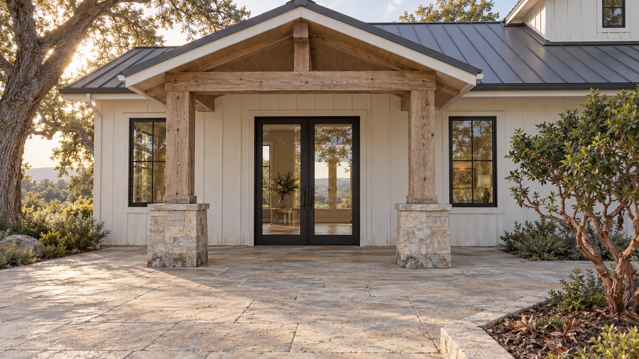 Warm-white house with oak porch posts, black-framed glazed doors, and a limestone terrace beside a sculptural manzanita.
