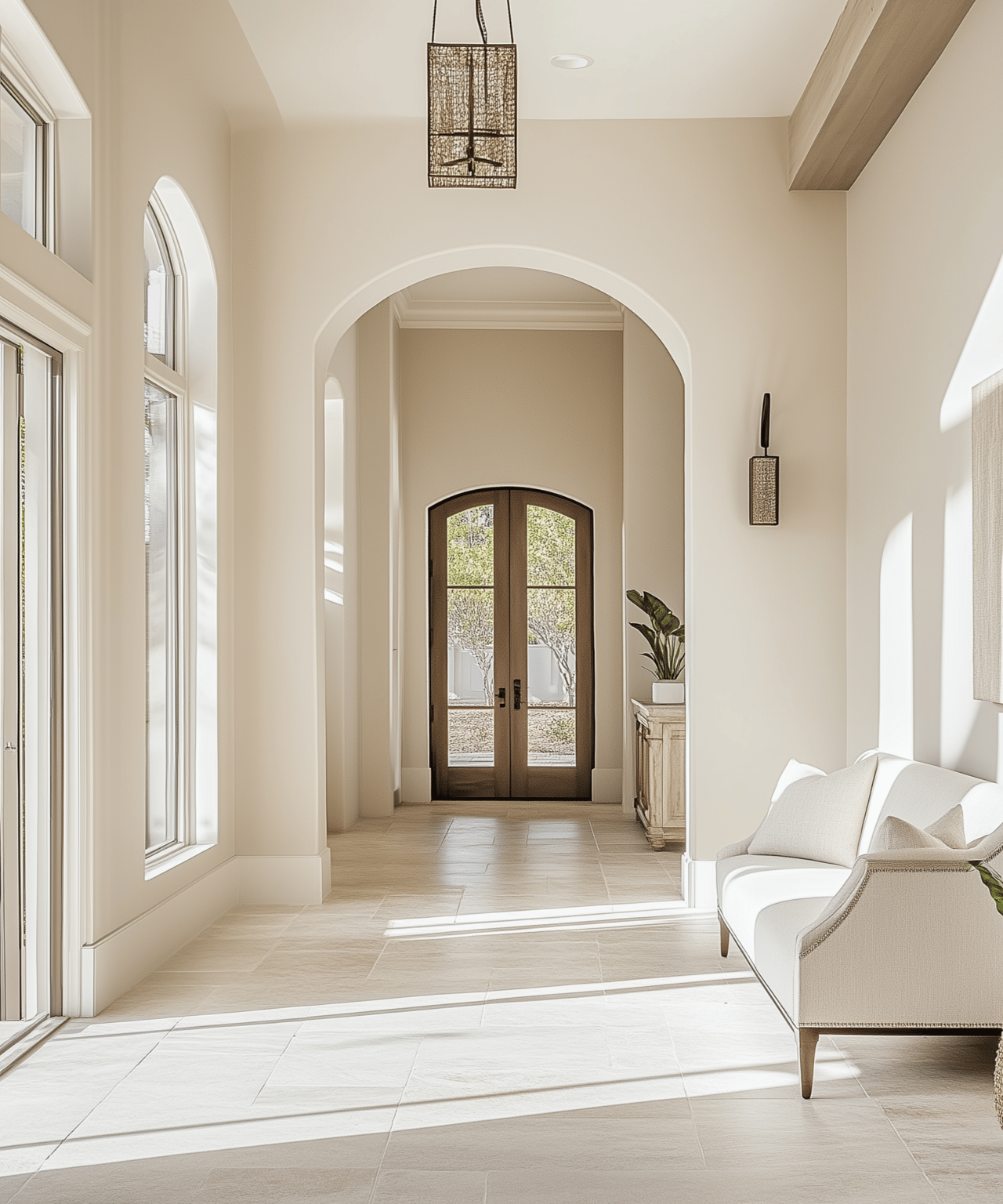 Bright entryway with tall windows, arched opening, glass double doors, and a white sofa.