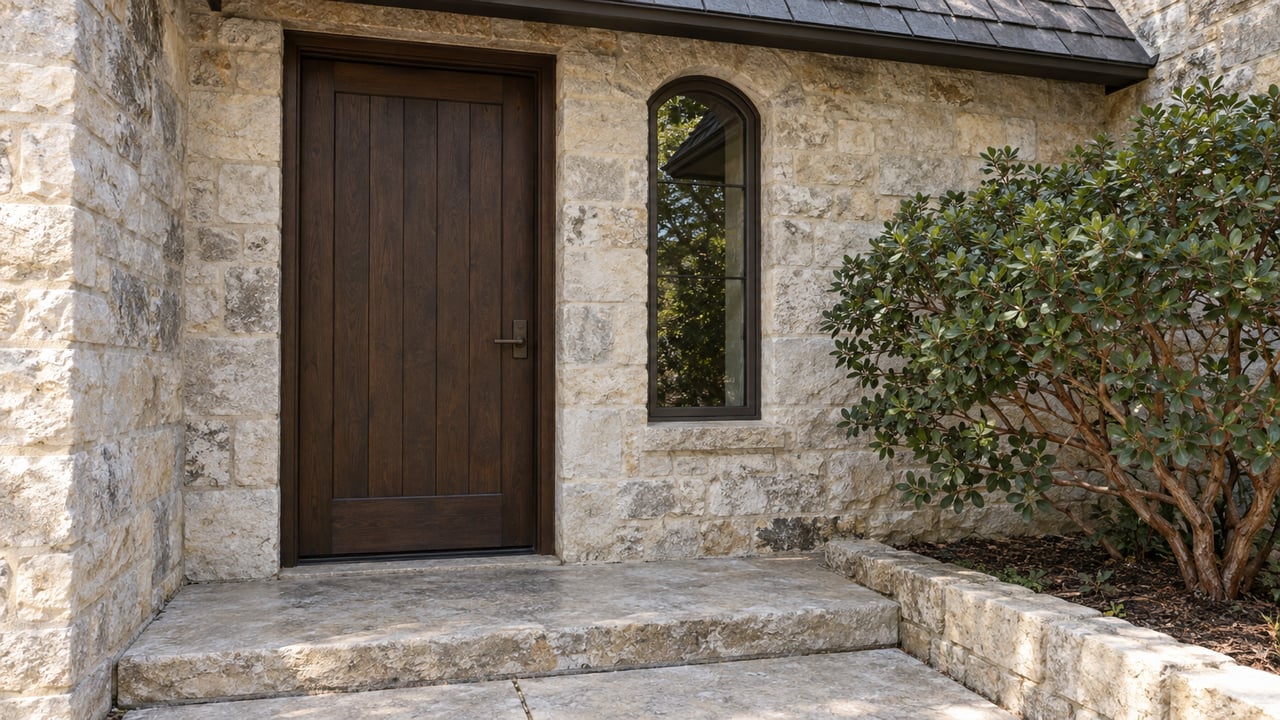 Recessed oak door and arched window in a pale limestone cottage wall, beside a shaped green shrub.
