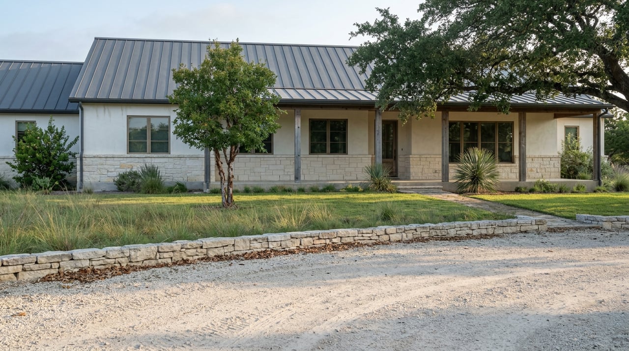 Limestone-and-stucco residence with a cedar-post porch, gravel drive, native meadow, and broad live-oak canopy.