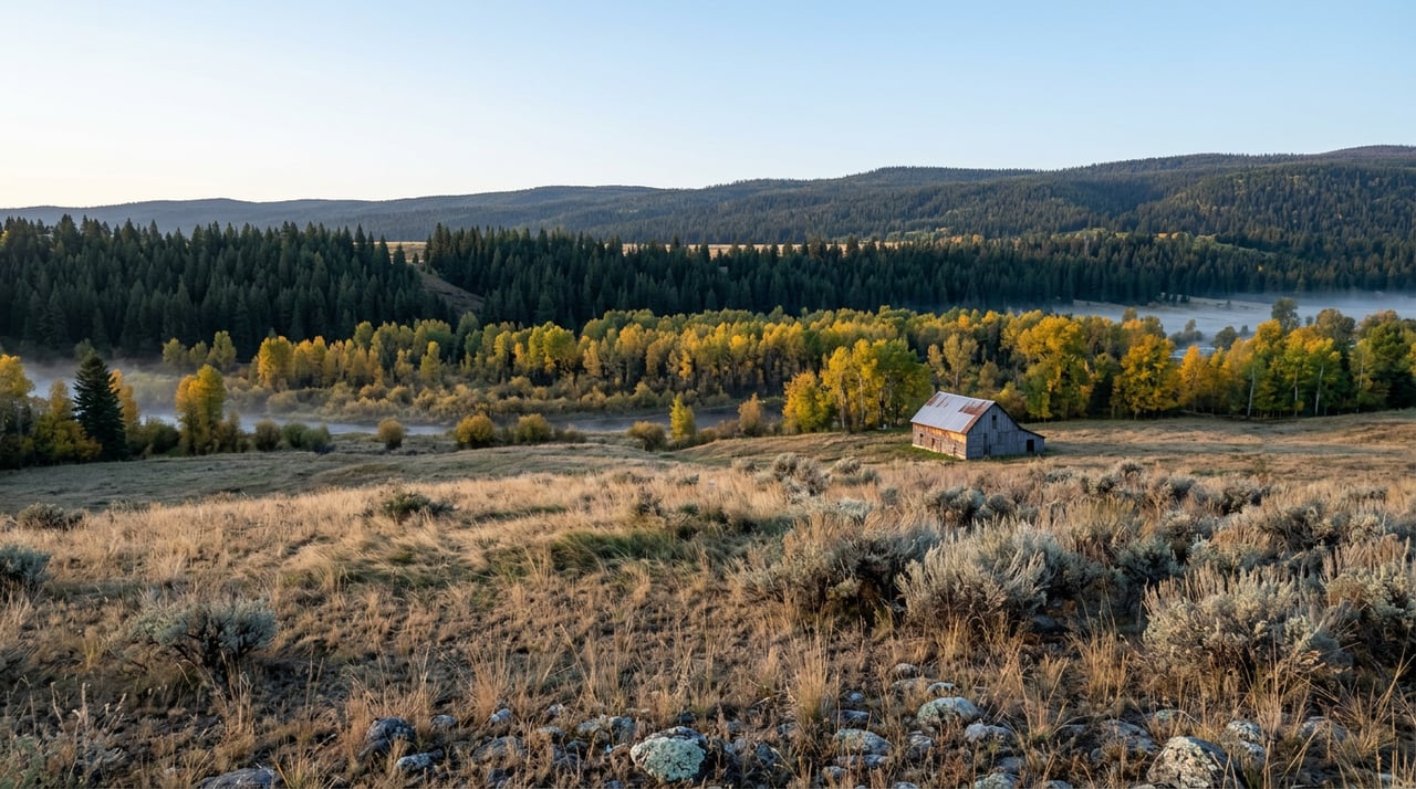 Dry grassland rolls toward a forested ridge, with golden riverside trees and a small barn at the treeline.