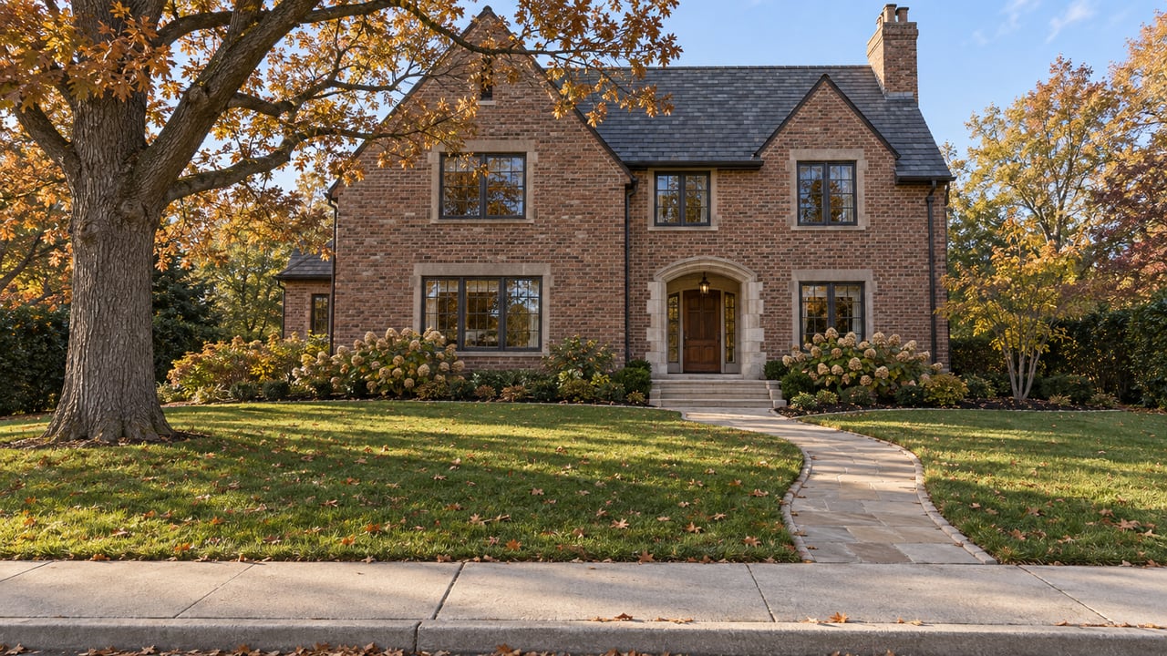 A traditional brick home with steep slate gables, divided-light windows and a curving sandstone walk across a broad autumn lawn beneath a mature oak.