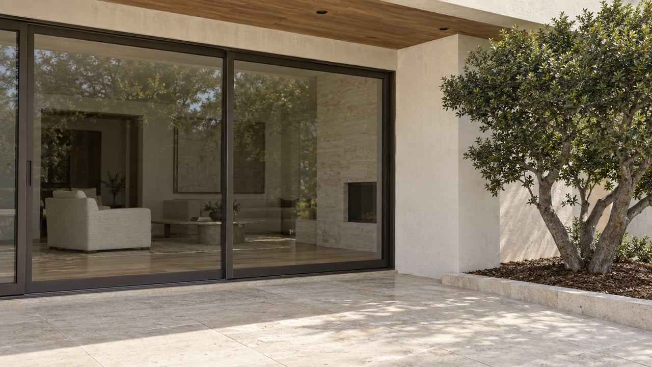 Covered terrace with limestone paving, bronze-framed glass doors, a cypress soffit and a sculptural yaupon holly beside a raised stone planting border.
