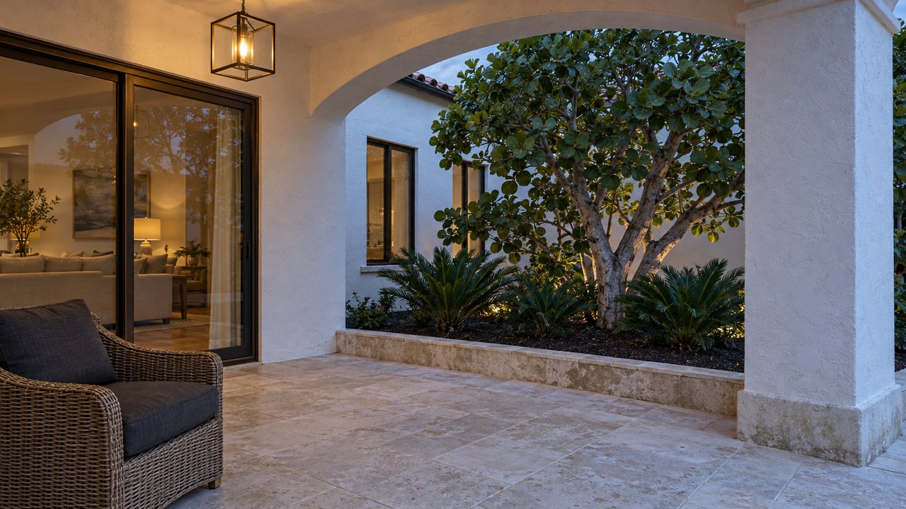 A white stucco residential terrace at dusk with a warm pendant, limestone paving and wicker chair overlooking a small planted court.