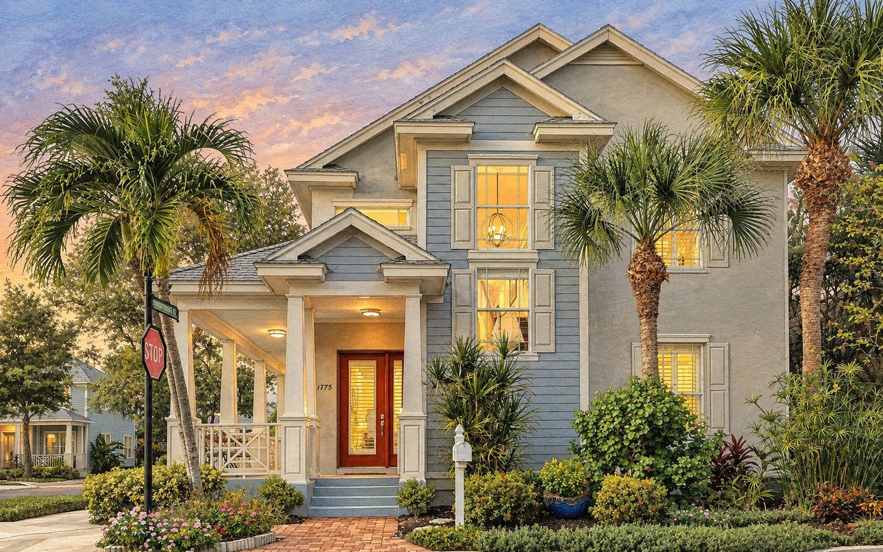 Two-story blue-and-stucco home with a covered porch, red front door, glowing windows, and palm trees.
