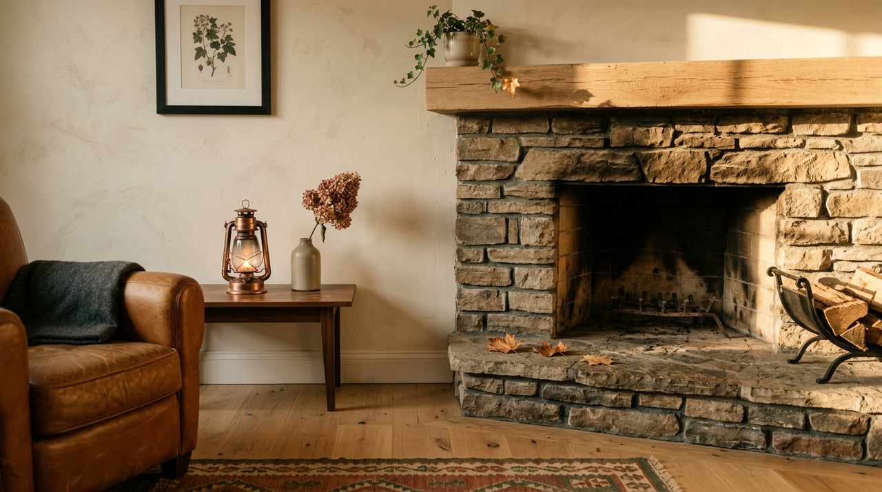 Fieldstone fireplace corner with oak mantel, leather chair, copper lantern, and dried maple leaves on the floor.