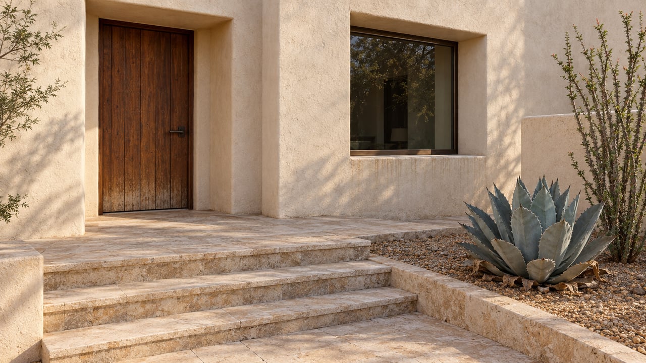 Cream stucco home entry with a weathered wood door, recessed bronze-framed window, limestone steps and a blue-gray agave beside the gravel border.