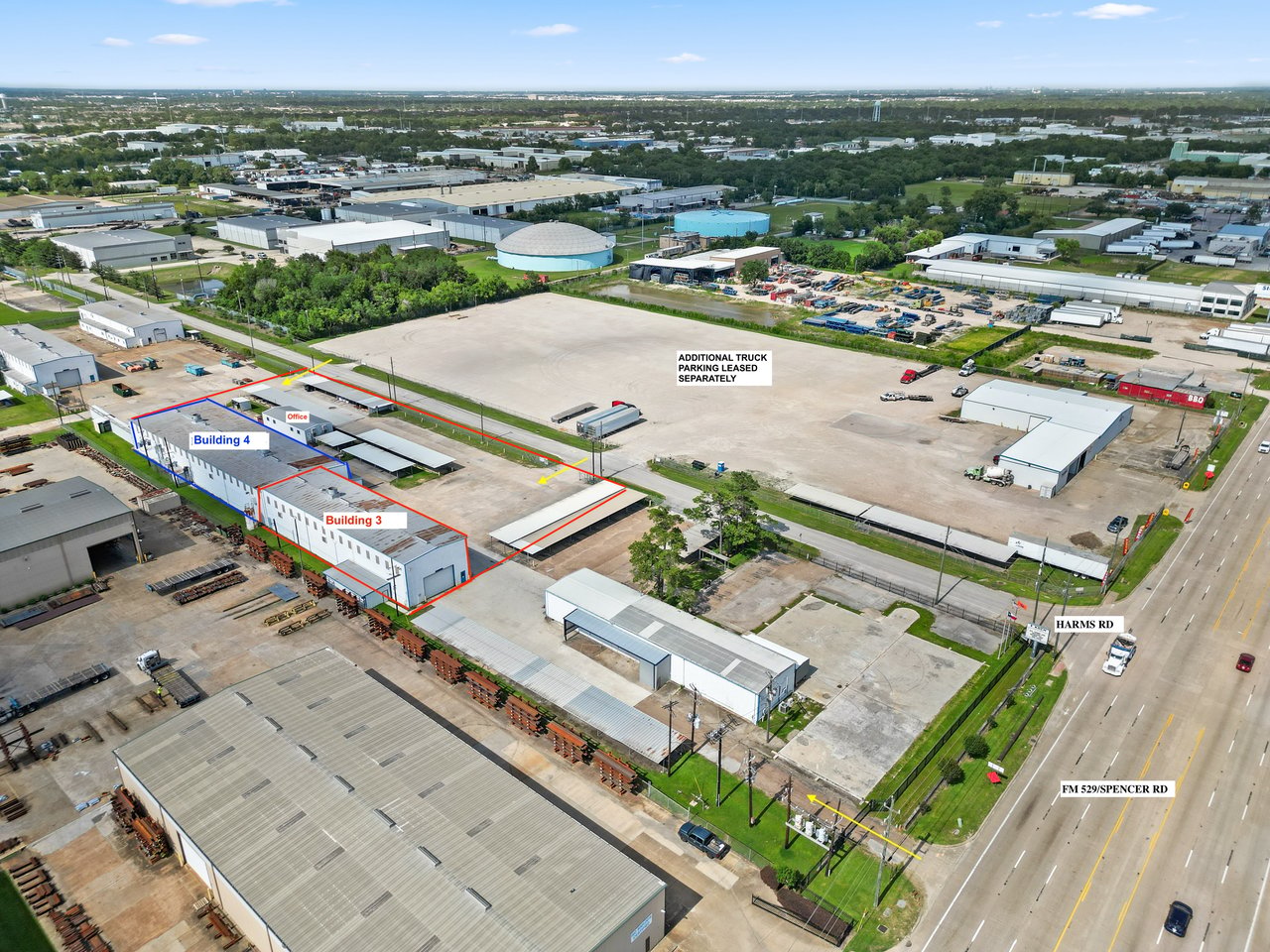 Aerial view of an industrial warehouse property, with Buildings 3 and 4 outlined beside a large truck parking area.