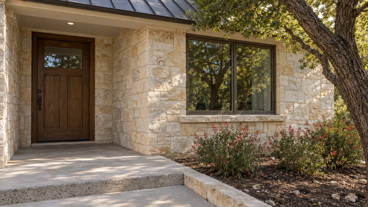 Covered limestone entry with an oak door, bronze-framed window, concrete step, and a mature live oak beside a flowering planting bed.