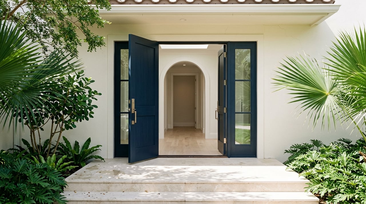 Open navy double doors reveal an arched foyer above a limestone landing, framed by palms and a specimen tree.