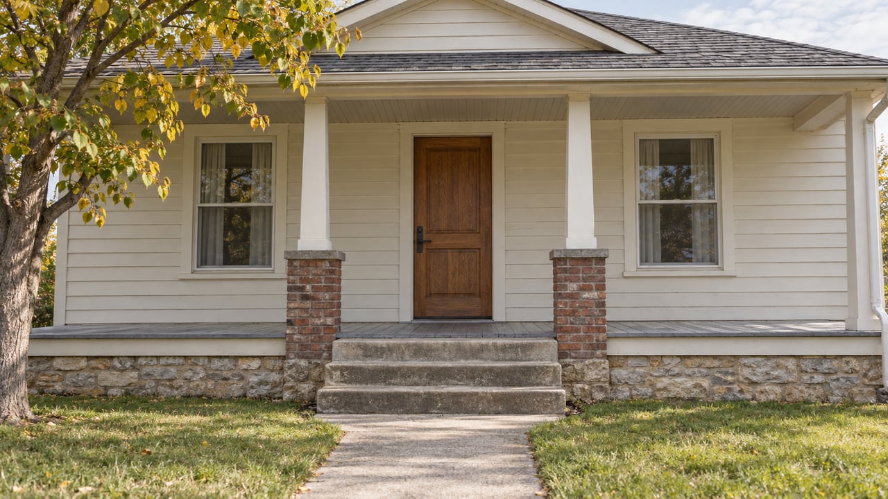 Older ivory clapboard home with a covered porch, brick column bases, limestone foundation and broad concrete steps beside an autumn redbud.