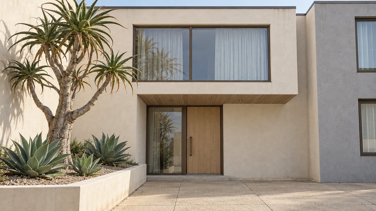 Off-white stucco townhome with bronze-framed windows, a sheltered oak entry, and sculptural aloe beside a sand-colored paved approach.
