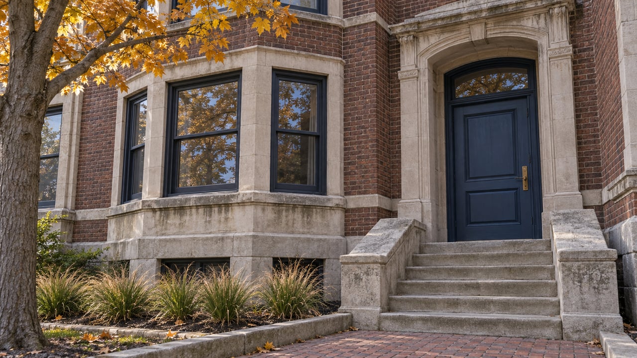 Reddish-brown brick home with a projecting bay, closed blue entrance door, worn limestone steps, and amber maple leaves.