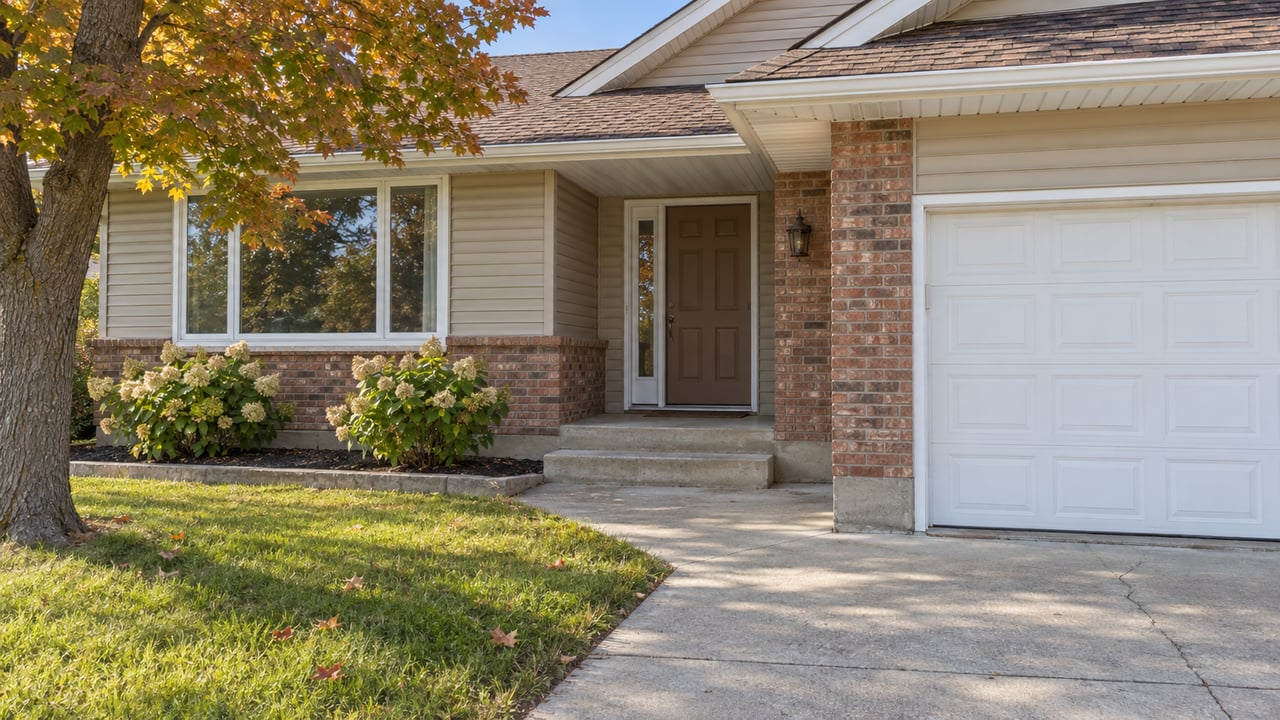 Afternoon light on a split-level home's tan siding, brick entry, concrete steps and autumn foundation planting.
