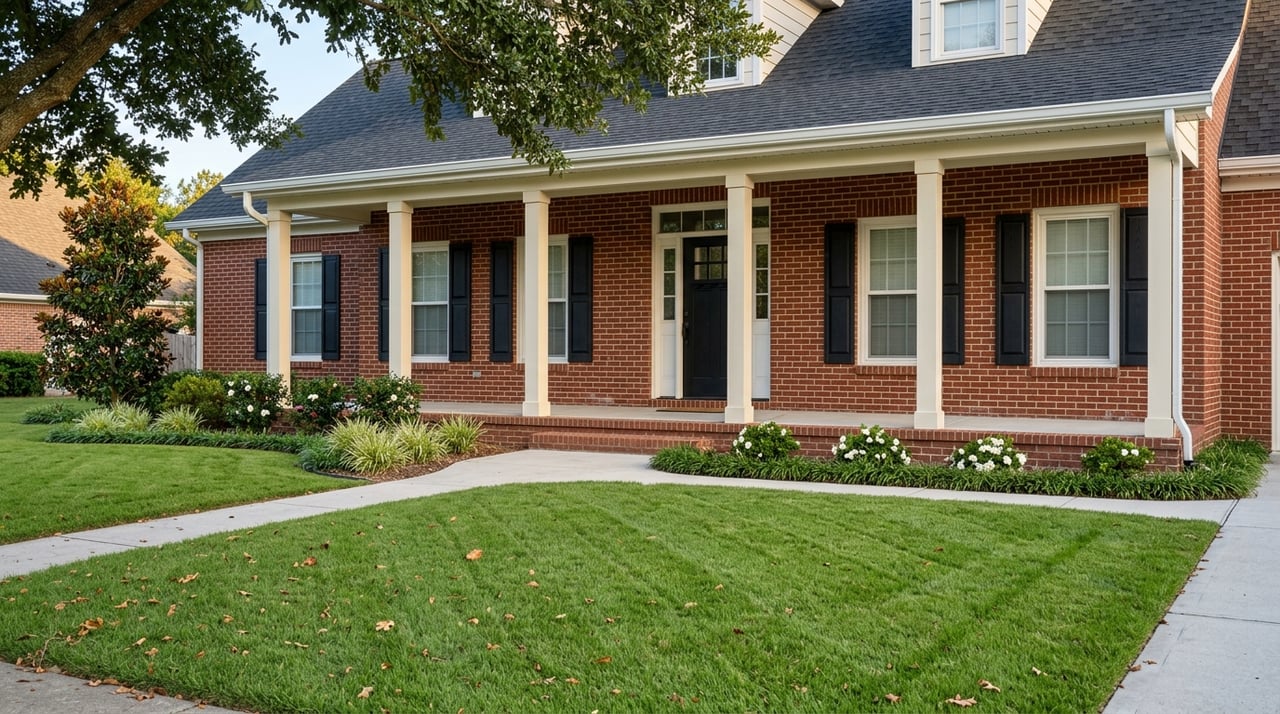 Traditional two-story red-brick home with a full front porch and deep green lawn.