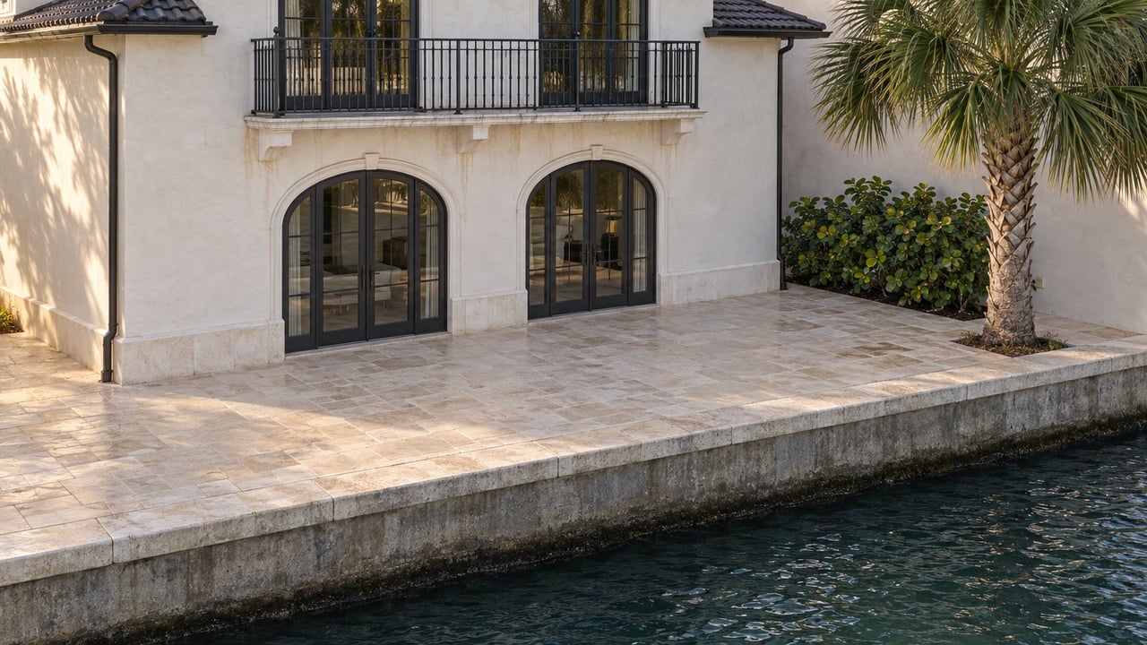 White stucco waterfront house with arched glass doors, a stone terrace, palm, and canal seawall.