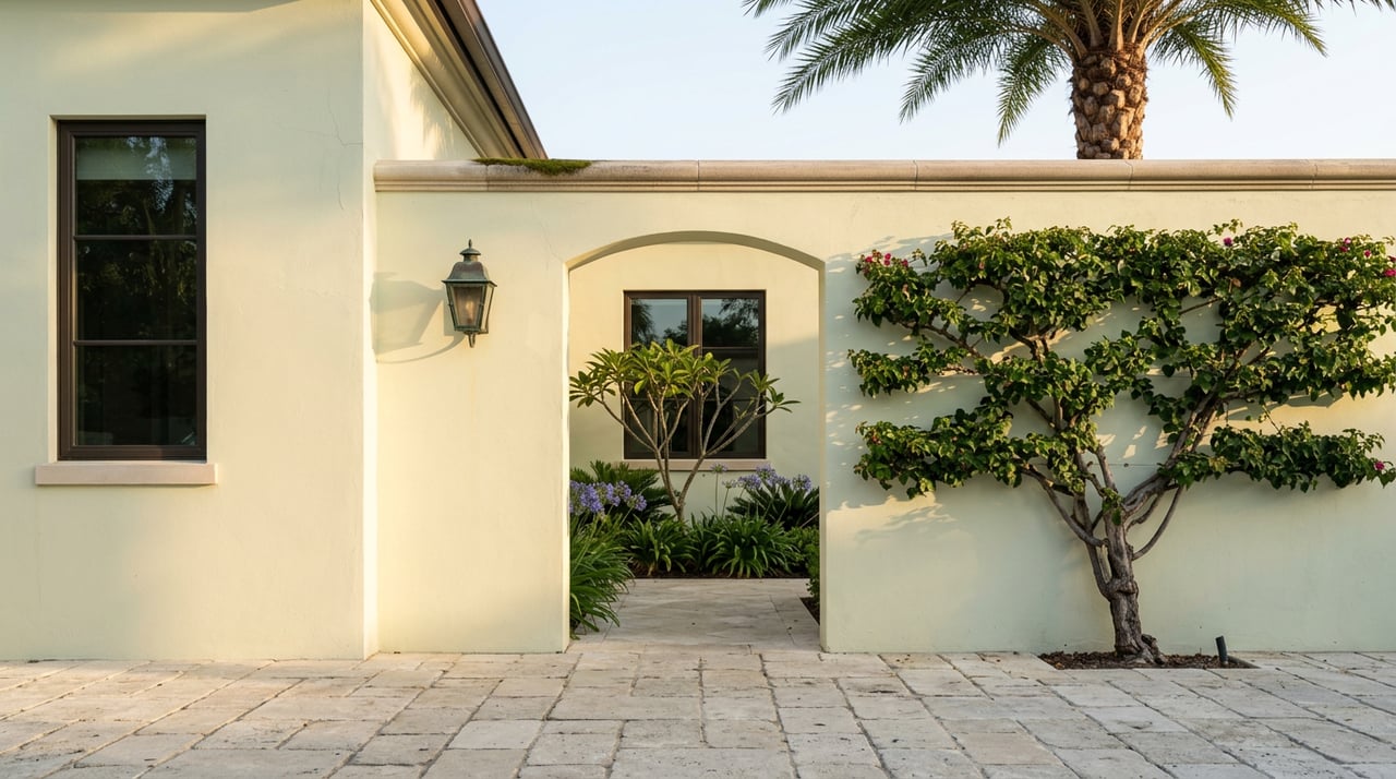 Stucco garden wall with an arched opening framing a plumeria, agapanthus, and a bronze lantern beside limestone pavers.