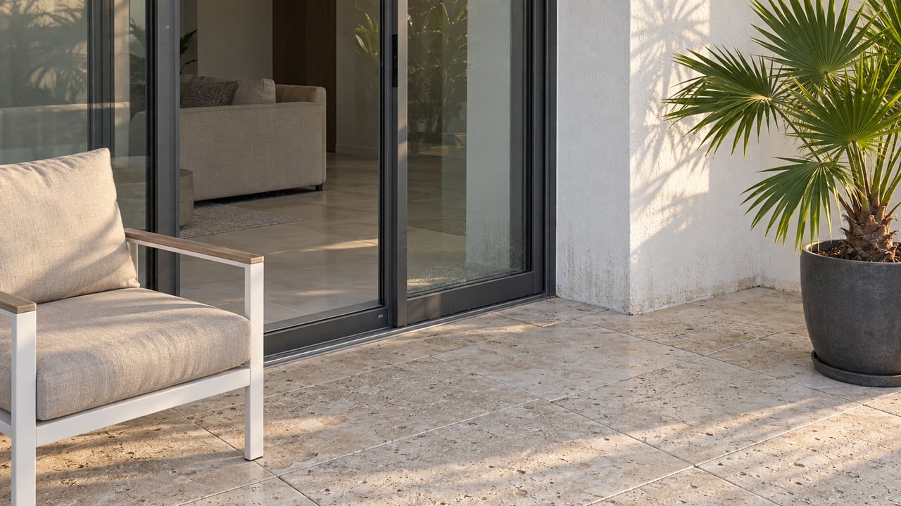 Sunlit condominium balcony with white stucco, closed glass doors, limestone paving, a teak-armed lounge chair and a container-grown fan palm.