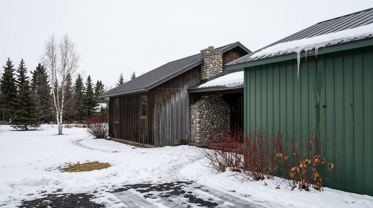 Cedar house joined to a green corrugated-metal shop by a covered breezeway, beside a snow-covered yard and spruce trees.
