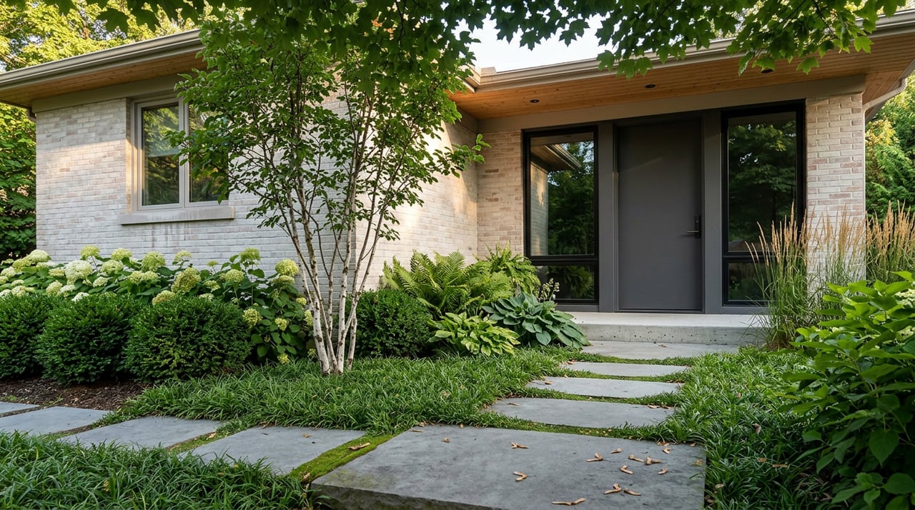Bluestone stepping-stone path through a shade garden toward a recessed charcoal side door.