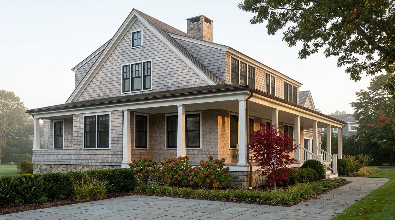 Two-story gray-shingled coastal home with a wraparound porch, stone chimney, and crimson Japanese maple by the steps.