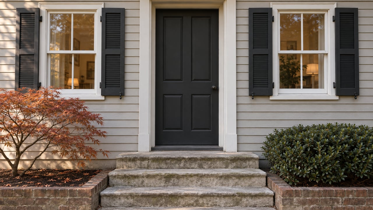 Warm-gray clapboard house with a dark paneled door, paired shuttered windows, limestone steps, and two planted beds.
