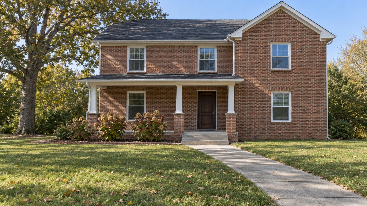 Red-brown brick home with a covered porch behind a deep lawn, a mature white oak, and oakleaf hydrangeas.