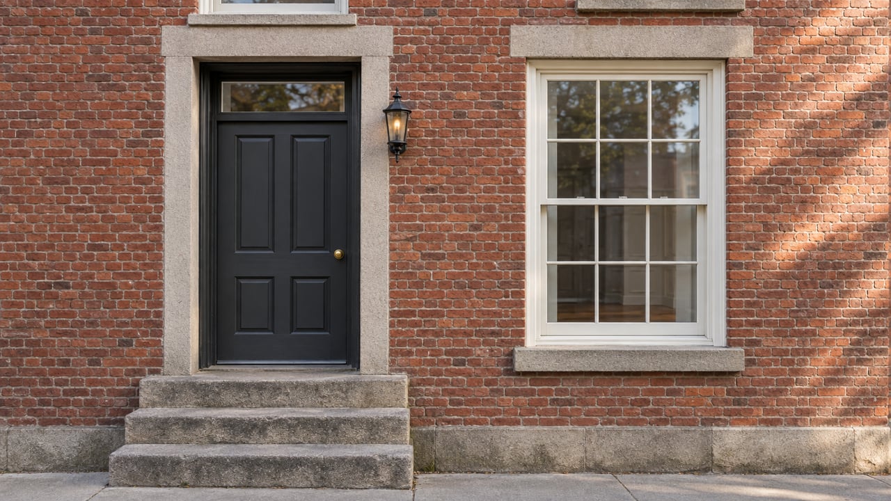 Historic red-brick rowhouse entry with a charcoal paneled door, brass knob, adjacent sash window, and granite stoop.