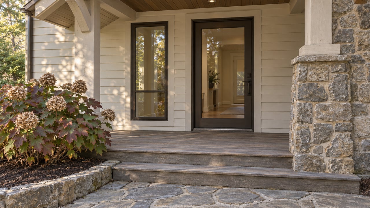 Morning light across a covered home entrance with ivory siding, a glazed door, fieldstone pier and oakleaf hydrangea.