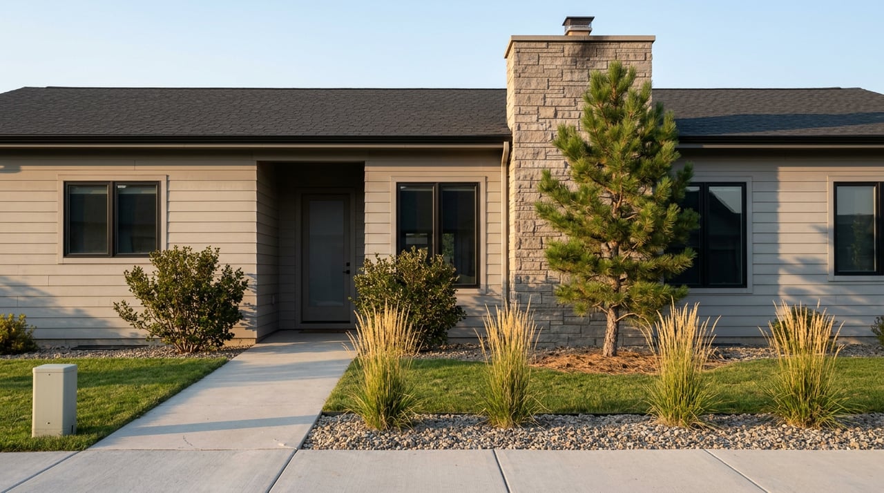 Gray-sided home with a tall stone chimney, black-framed windows, and a ponderosa pine beside the entry.