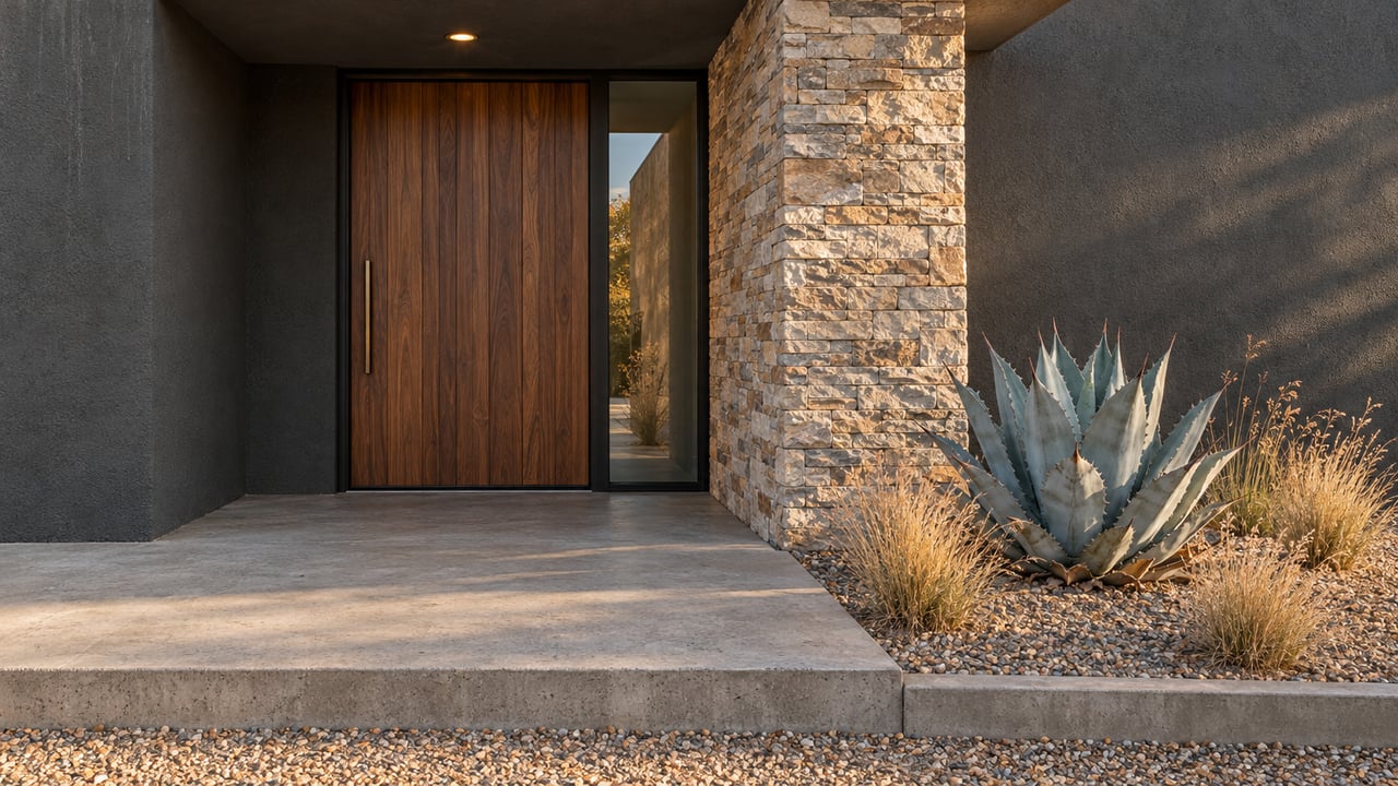 Warm afternoon light crosses a charcoal stucco entry with a walnut door, buff stone pier, concrete step and blue-gray agave.