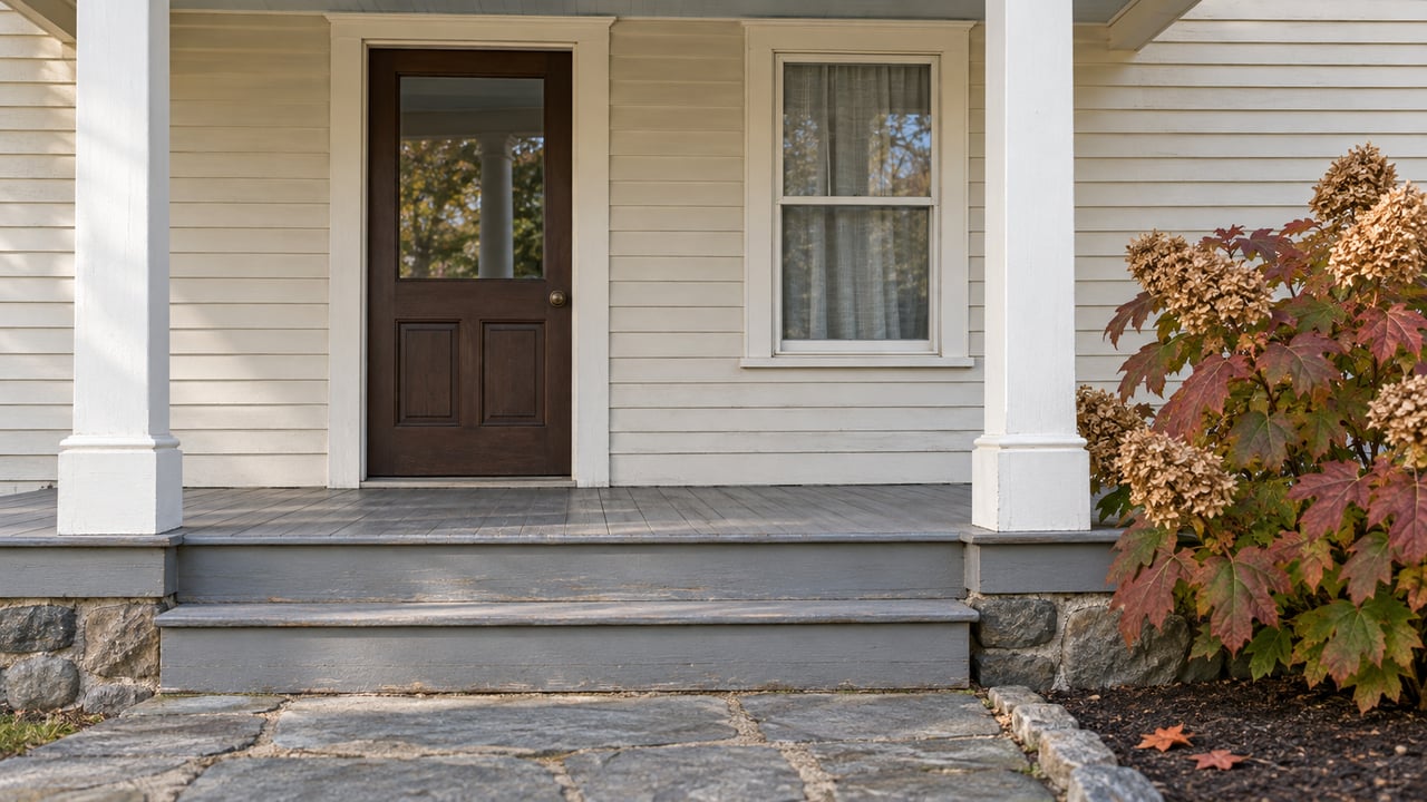 Close view of a clapboard home's timber porch entrance, bluestone walk and autumn oakleaf hydrangea.