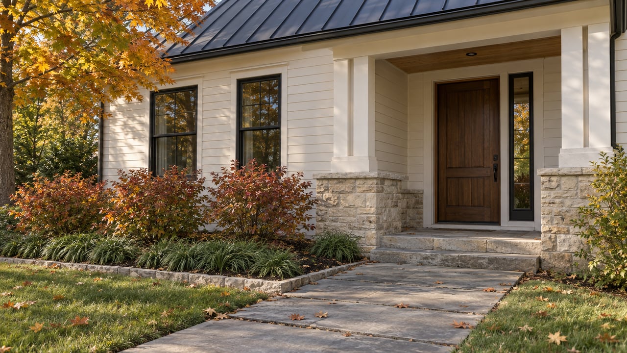 Detached house entry with a dark timber door, bluestone steps, and amber maple leaves.