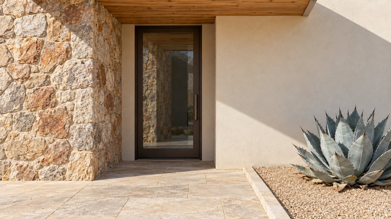 Sunlit granite entry pier and timber soffit beside a closed glazed door, with a blue-grey agave in a curbed gravel bed.