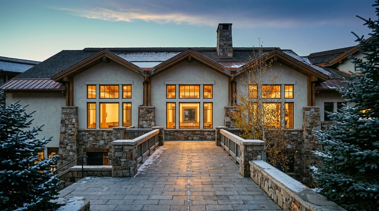 Mountain lodge with glowing windows beyond a stone bridge and snow-dusted plaza at dusk.