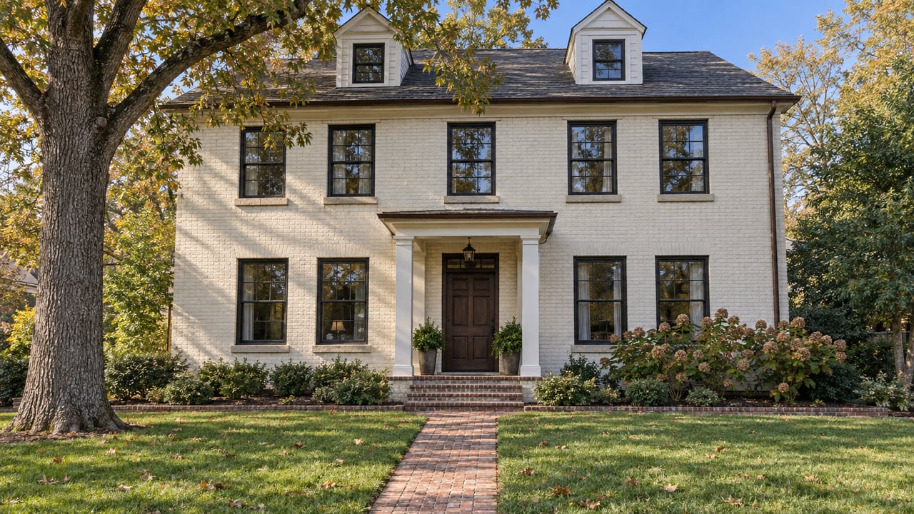 An ivory painted-brick home with a dark roof, symmetrical windows and a brick front walk across a deep autumn lawn beneath a mature oak.